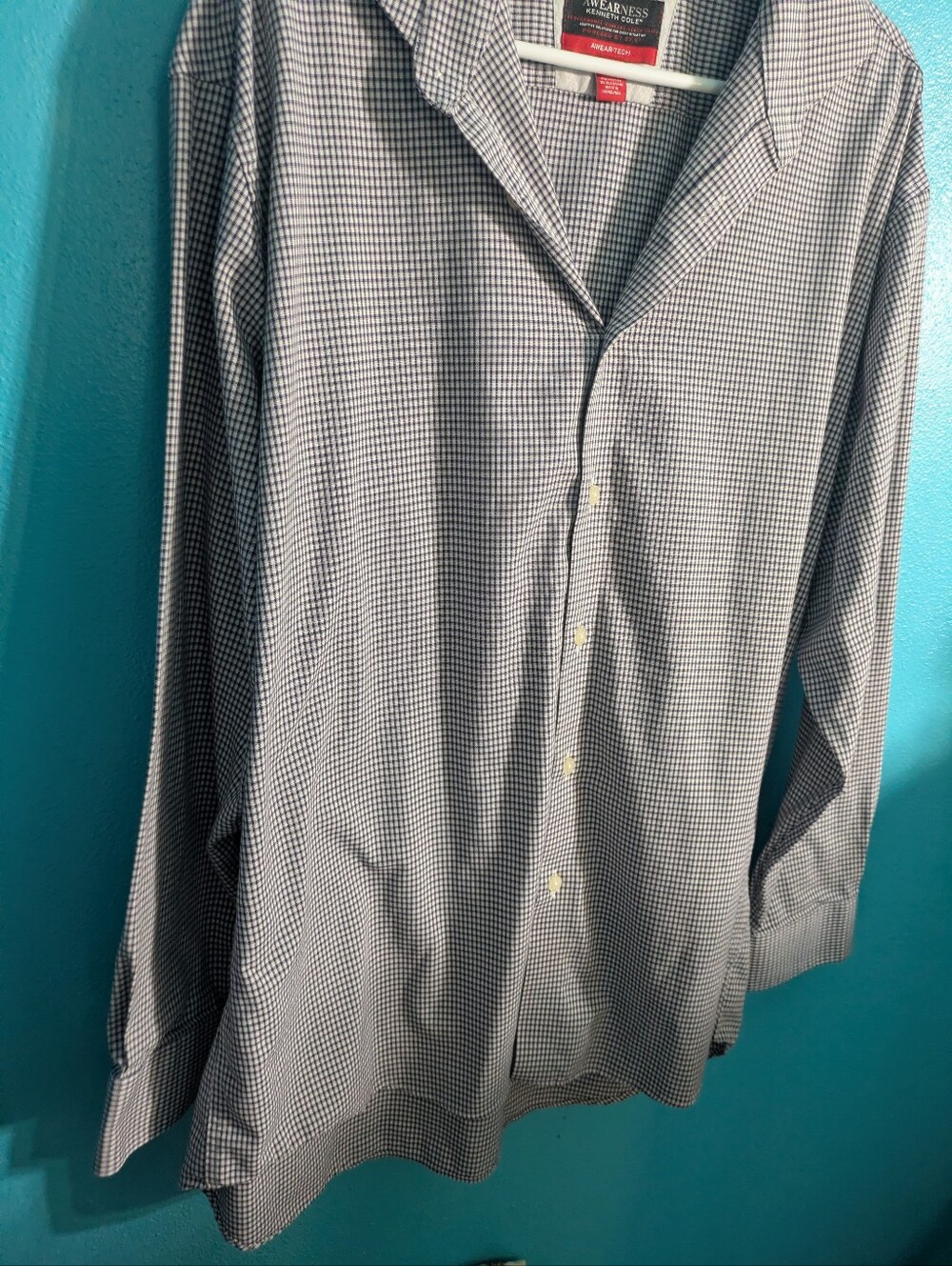 Preppy Office Kenneth Cole Men's Navy and White Micro-Check Dress Shirt - Picture 3 of 8
